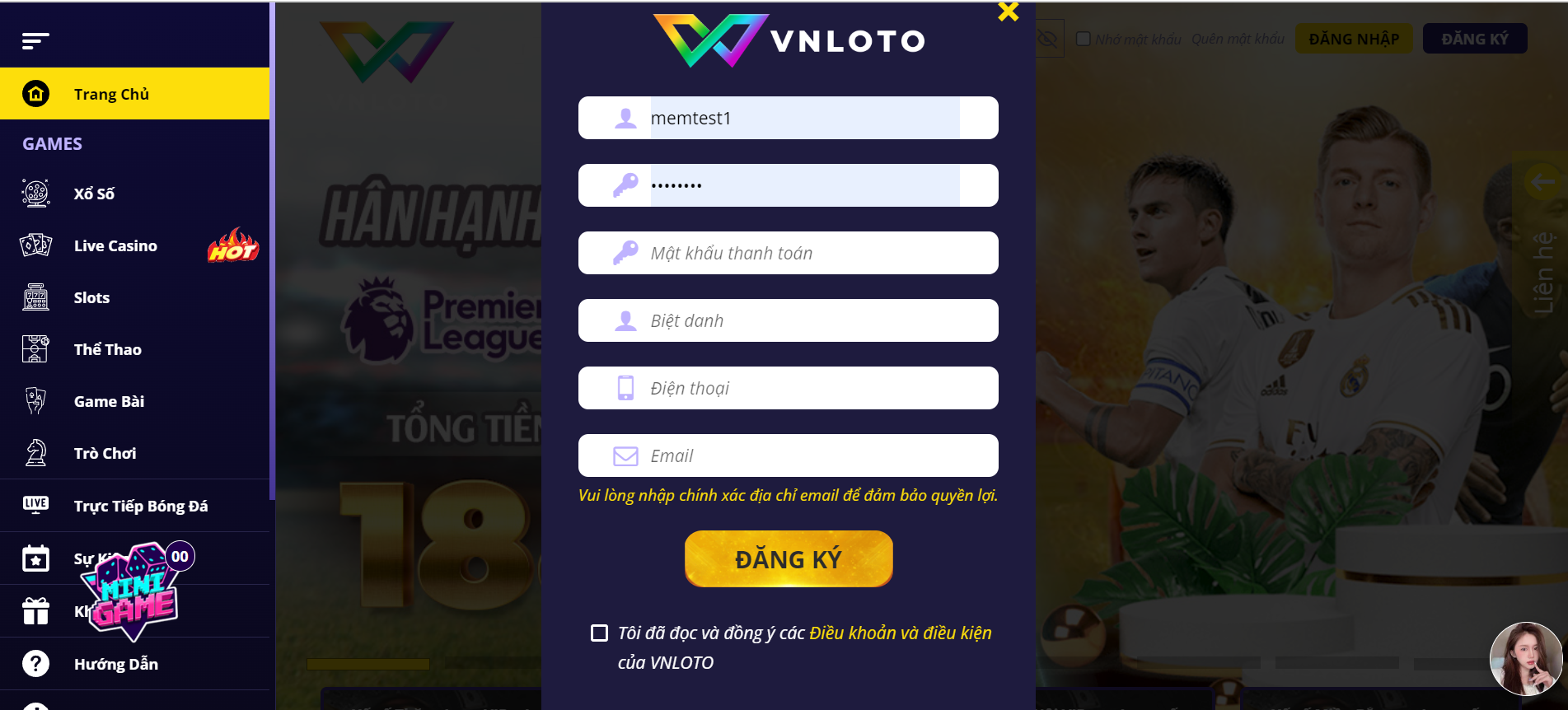 Form đăng ký tài khoản VNLOTO